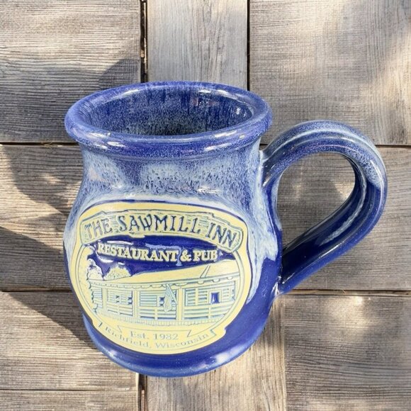 Deneen Pottery Hand Made Coffee Mug Cup USA Blue Drip Glaze The Sawmill Inn Mug - Picture 1 of 12